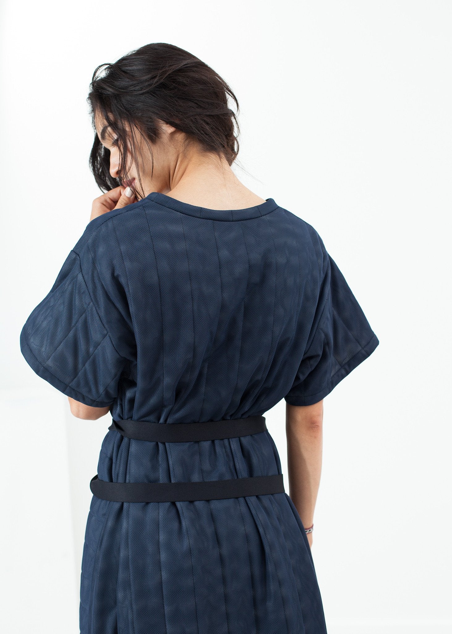 Quilted Mesh T-Shirt Dress in Navy